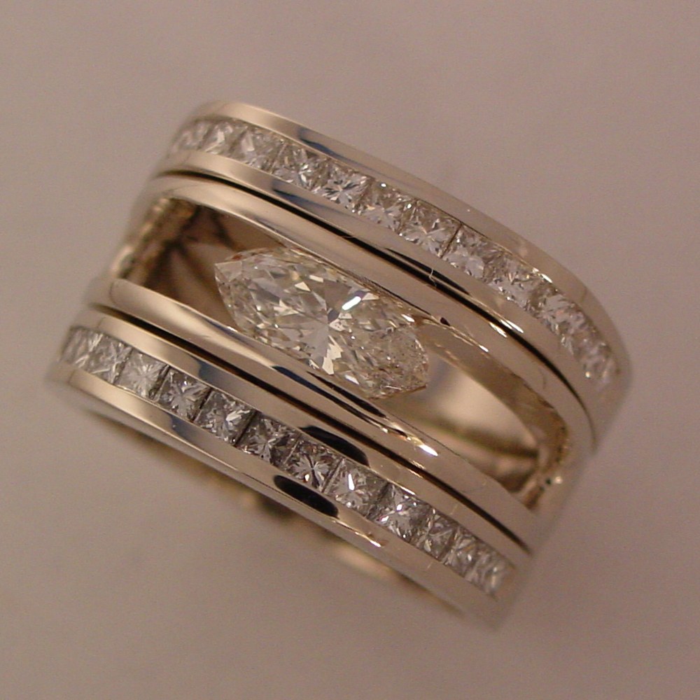 14k White Gold 3 Ring Set with 1ct Marquise and Princess Cut Diamonds in a Channel Setting