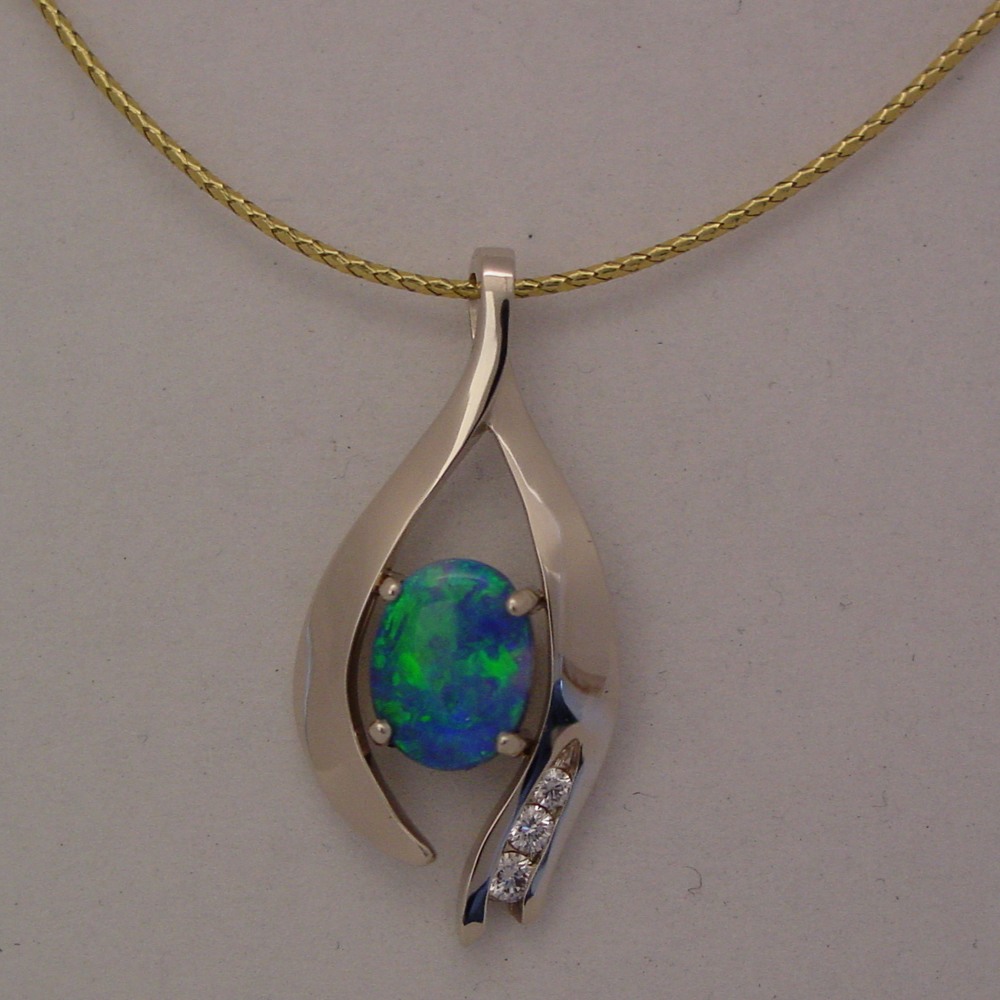 14k White Gold Black Opal and Diamond Pendant