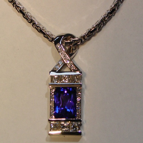 14k White Gold Custom Cushion Cut Tanzanite and Channel Set Diamond Pendant 