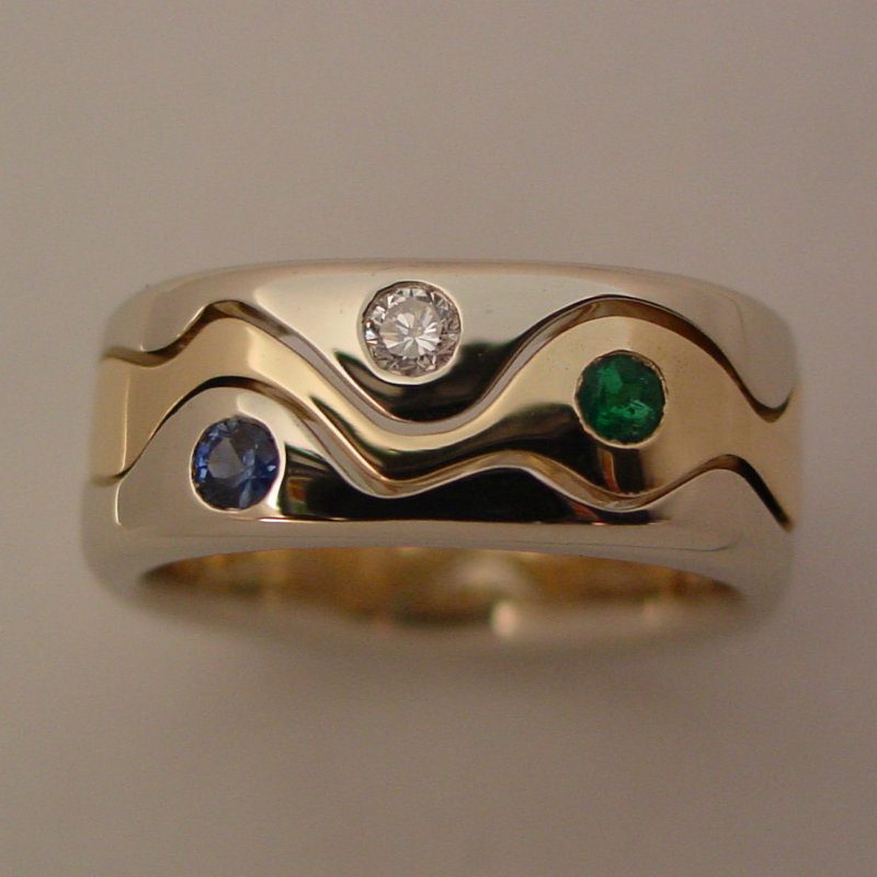 14k White and Yellow Gold Diamond, Sapphire and Emerald Wave Ring