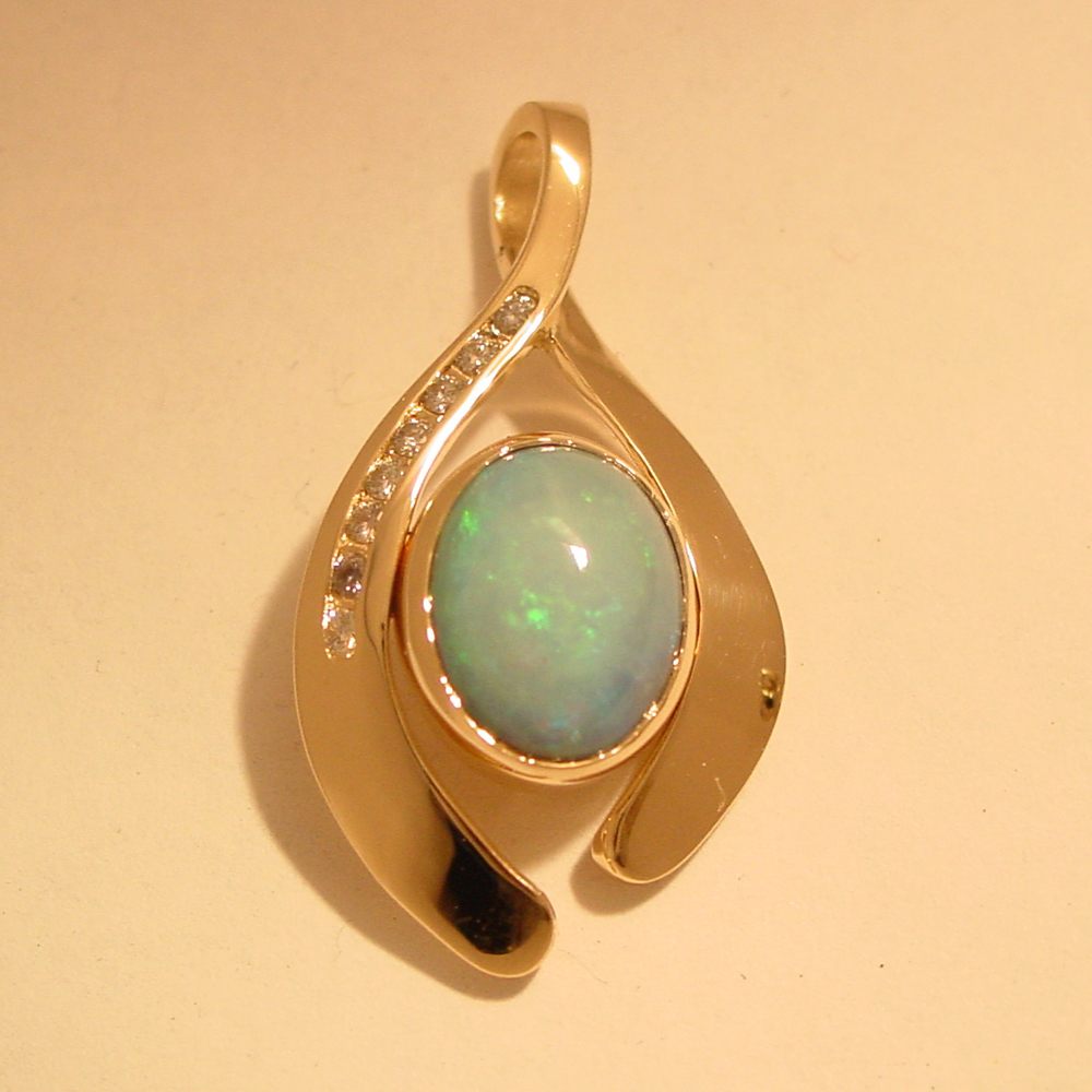 14k Yellow Gold Bezel Set Opal and Diamond Channel Set Pendant