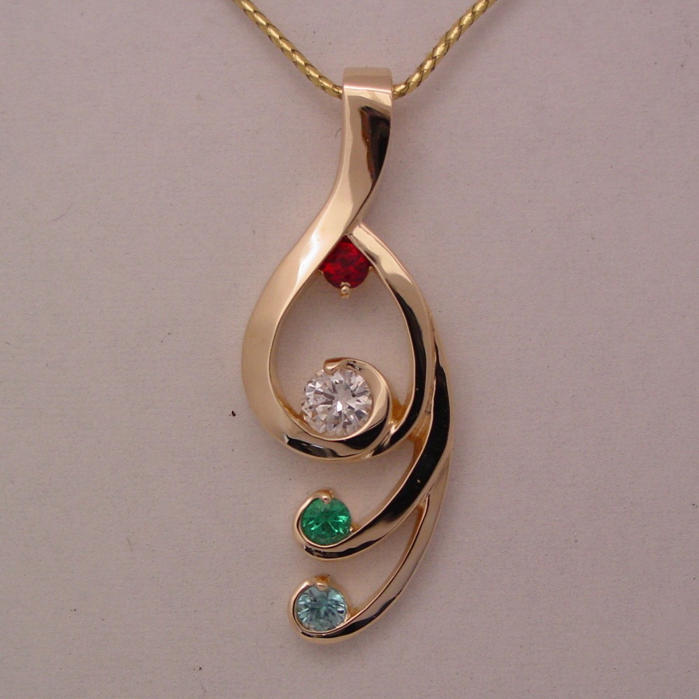 14k Yellow Gold Diamond, Ruby, Emerald and Blue Zircon Pendant